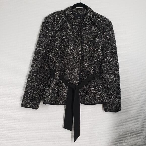 Sandro Sportswear Tweed Belted Boucle Jacket Womens XL Petite Black White Blazer - Picture 5 of 16
